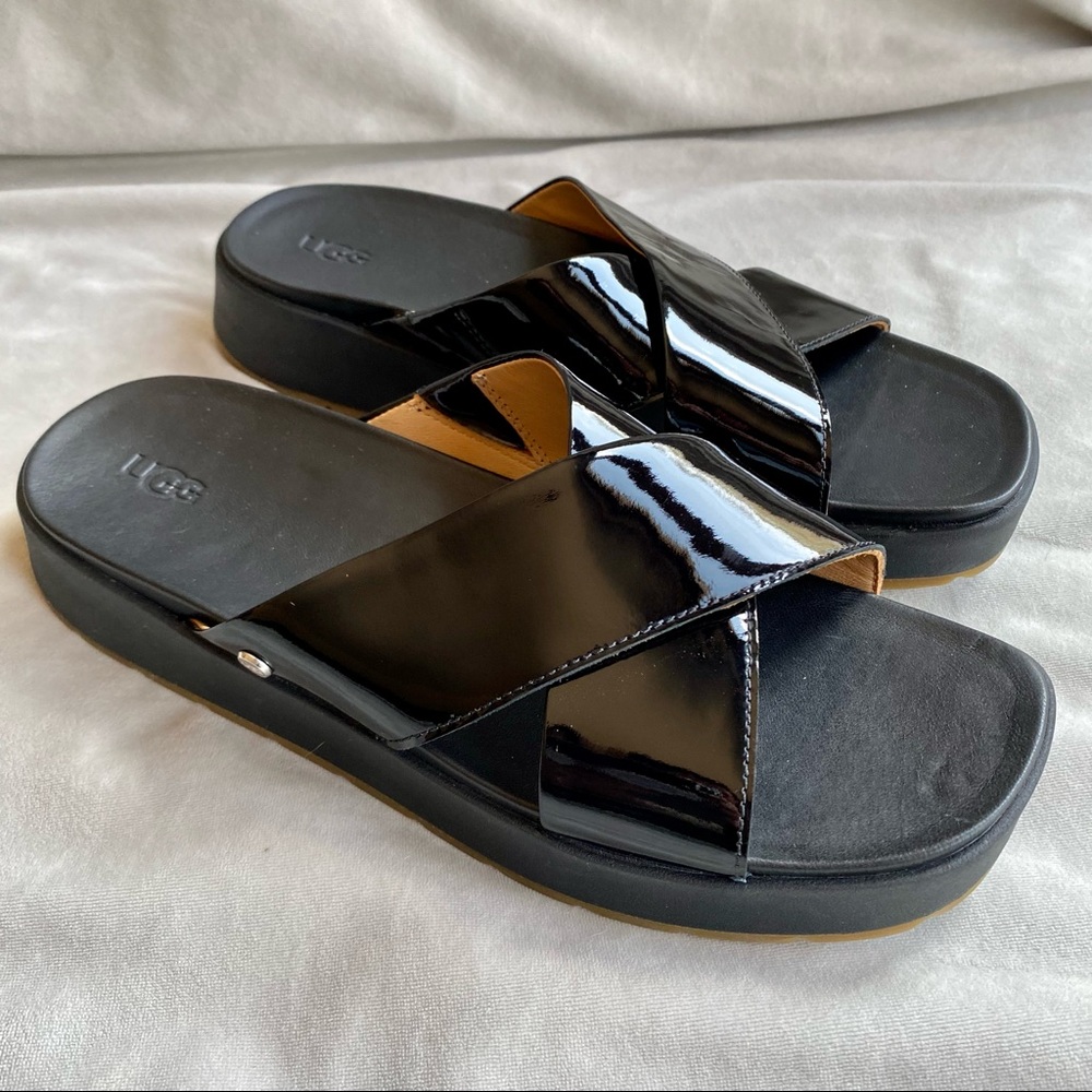 Women's Shoes UGG EMILY Patent Leather Cross Slide Sandals 1107896 BLACK
